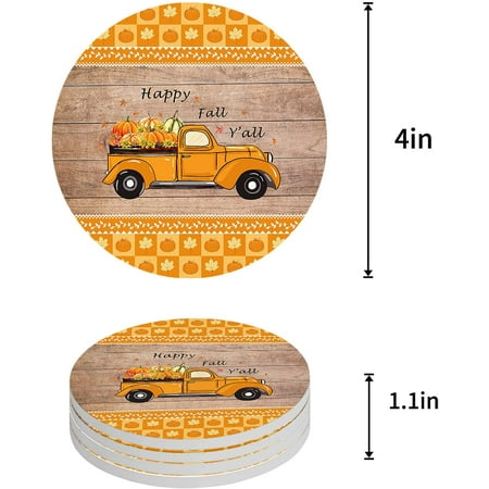 

ZHANZZK Thanksgiving Truck and Pumpkin Maple Leaves and Wood Grain Set of 4 Round Coaster for Drinks Absorbent Ceramic Stone Coasters Cup Mat with Cork Base for Coffee Table Bar Decor
