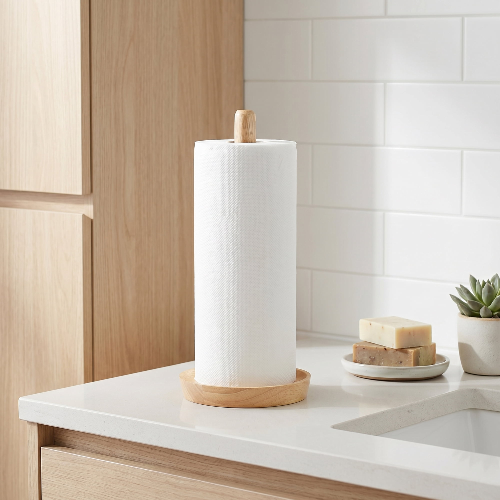 Unique Bargains Paper Towel Holder Countertop Non-Slip Base Wood Light brown 12x5.9inch