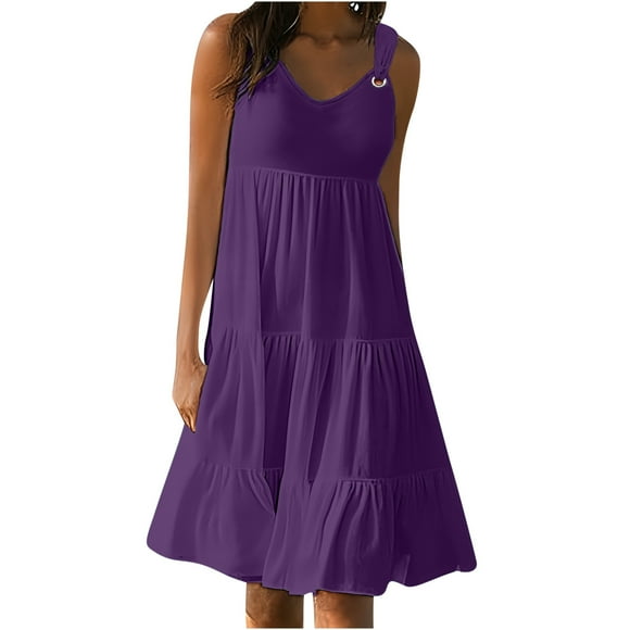 QIPOPIQ Robe T-Shirt Évasée Décontractée d'Été pour Femme, Sortie de Plage, Robe Débardeur Unie à Volants avec Poches, Liquidation