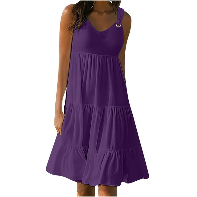 QIPOPIQ Robe T-Shirt Évasée Décontractée d'Été pour Femme, Sortie de Plage, Robe Débardeur Unie à Volants avec Poches, Liquidation