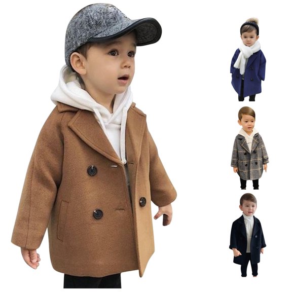 Vrotazzy Toddler Elegant Boys Trench Coat Girls Double Notched Wool Plaid Jacket Kids Baby