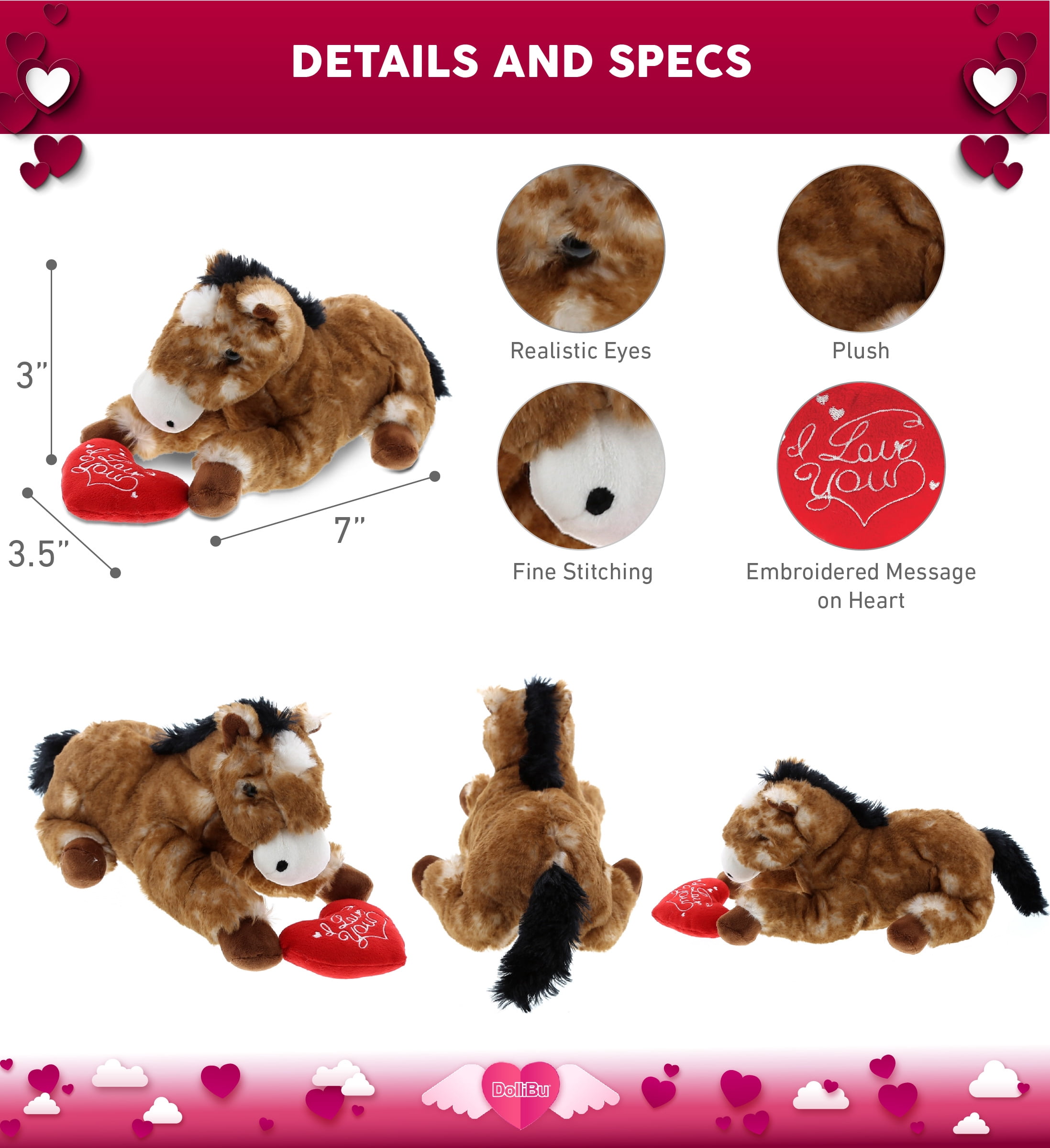 Dollibu I Love You Heart Sitting Brown Horse Plush - 10.5 inches