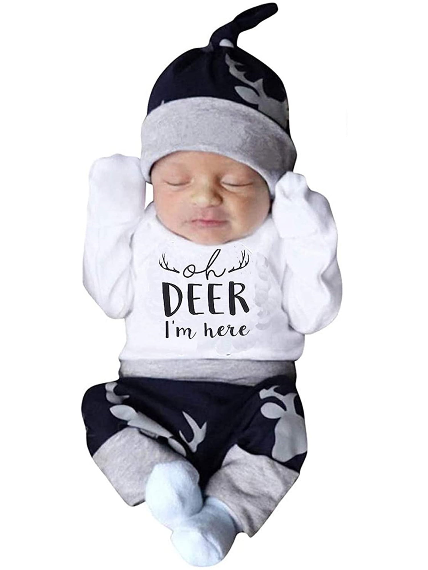 Izhansean 3PCS Newborn Baby Boy Clothes Long Sleeve Romper Tops+Deer  Pants+Hat Outfit Set Blue 6-12 Months 