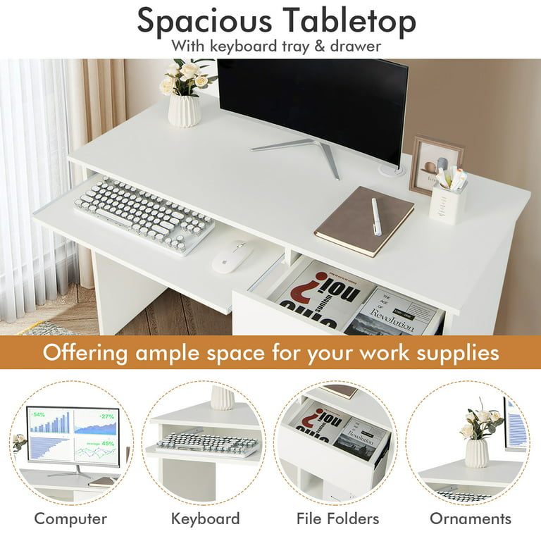 Costway 22 inch Wide Computer Desk Writing Study Laptop Table w/ Drawer & Keyboard Tray White