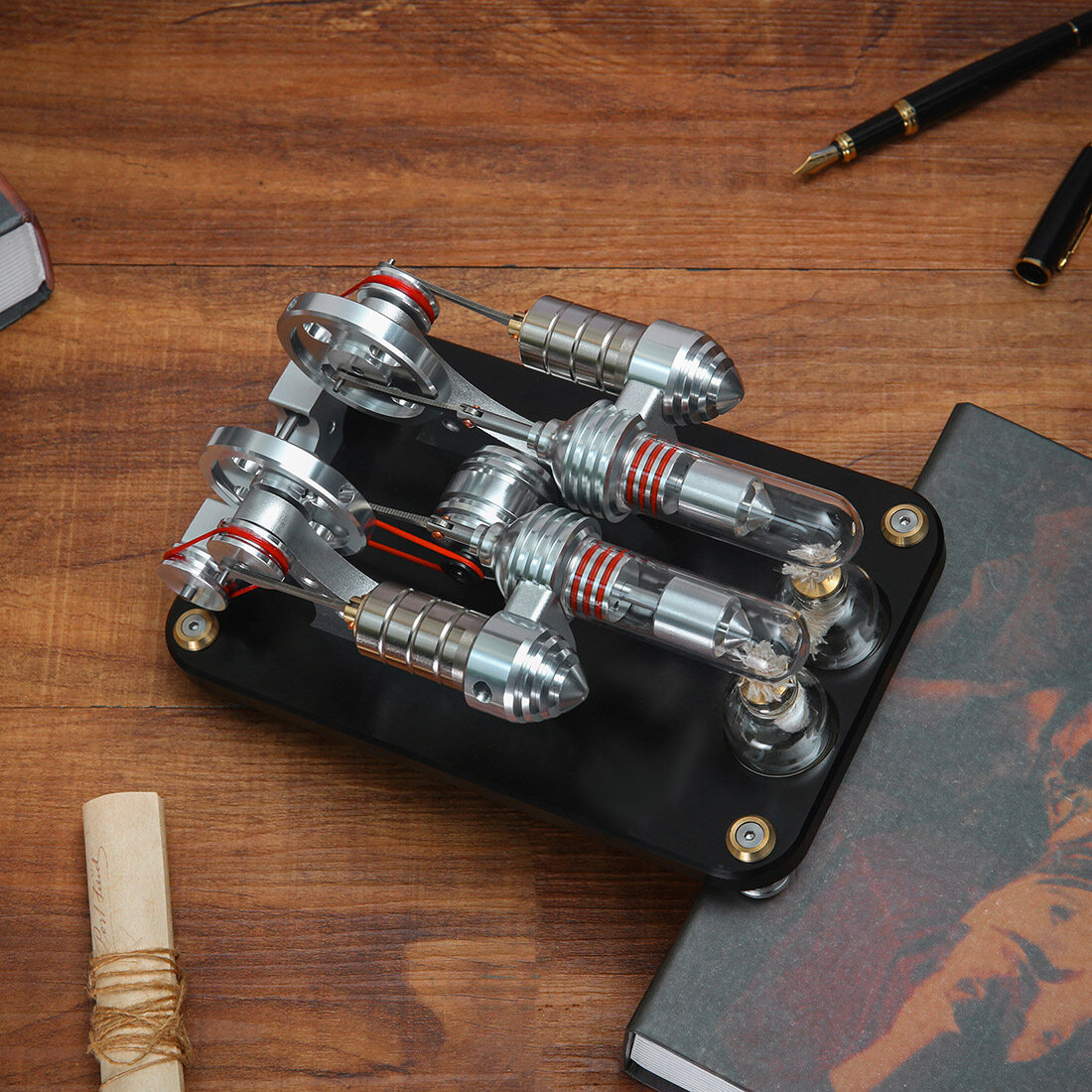 STEM Stirling Engine Model, Dual Cylinder Engine Model Generator with Voltage Display and LED Light, Aluminum Alloy Desktop Collectible Gift for Hobbyists