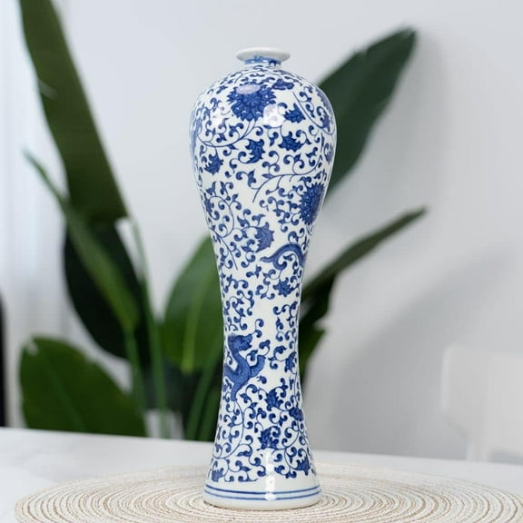 Blue - and - White Porcelain Plum Vase with Dragon and Twining Floral Patterns Classical and Elegant Home Decoration Ornament