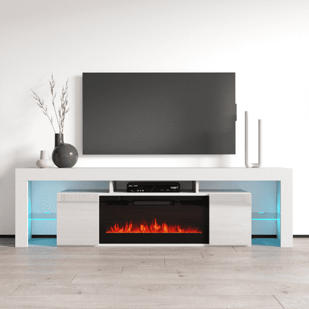 Soleo BL-EF Fireplace TV Stand for TVs up to 90   Modern High Gloss 79  Entertainment Center  Electric Fireplace TV Media Console with Storage Cabinets
