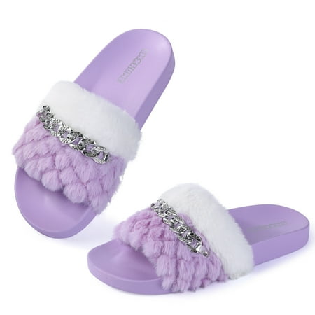

EastVita Womens Furry Slippers Open Toe House Casual Flat Slides Sandals Indoor Outdoor