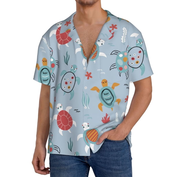 Fotbe Sea Turtle Camisa Estampada de Manga Corta para Hombre, Casual de Verano, Estilo Playero, Sin Arrugas-Small