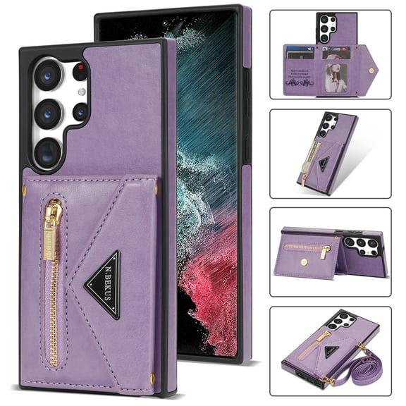 Allytechgroup Wallet Case for Samsung Galaxy S26 with Card Holder, Crossbody Case Wallet with Zipper Pocket, Shoulder Strap PU Leather Kickstand Shockproof Case for Women, Purple