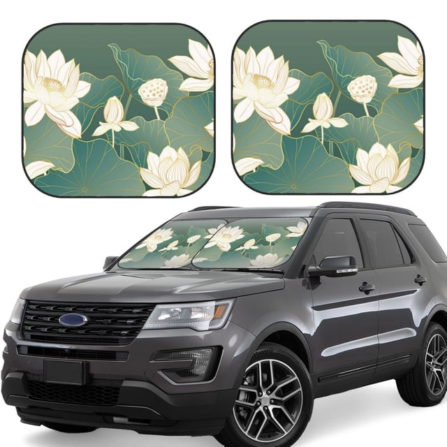 Disketp Lotus Golden Line Pattern 2 Piece Windshield Sunshades,Folding Windshield Sun Shade for Car SUV Trucks Sedan,Blocks UV Rays Sun Visor Protector-Small