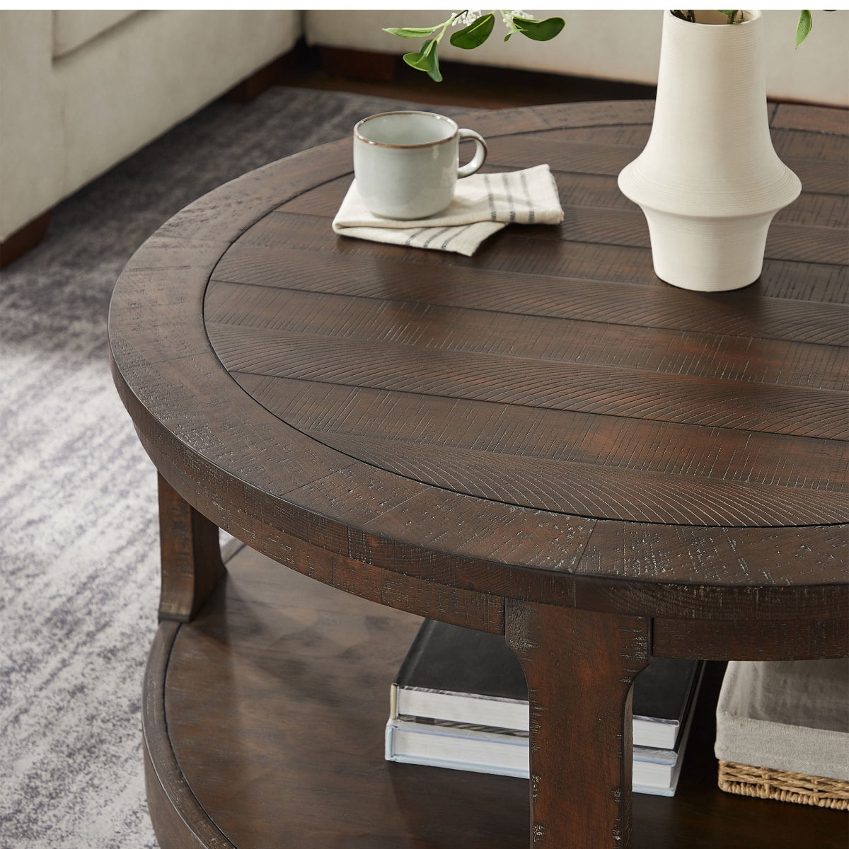 40inch Large Curved 2 Tier Traditional Round Circle Wooden Center Coffee Table,Rounded Table with Wheels,Mid Century Rustic Style Table for living Room,Office,Apartment,OAK