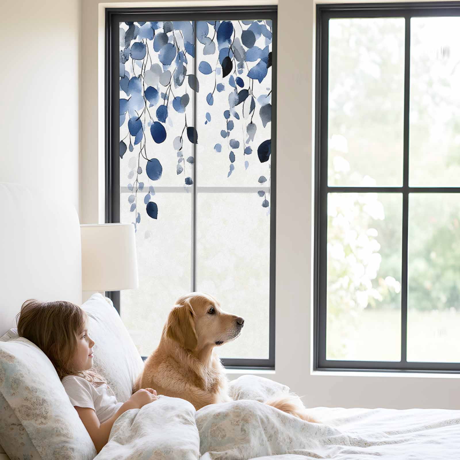 Blue Eucalyptus Leaves Window Privacy Film, Summer Botanical Watercolor Static Cling UV Sun Blocking Tint Film Heat Control Windows Films for Bedroom Bathroom, Window Stickers 29.5"x78.7"
