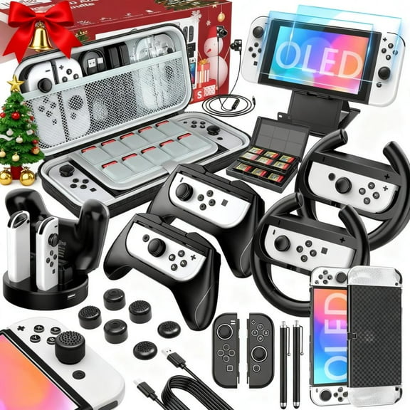 Switch OLED Accessories Bundle Kit - 27 in 1 Luxury Gifts for Nintendo Switch OLED, Includes Case, Protective Cover, Controller Grip, Screen Protector, Charging Dock & More (Black)