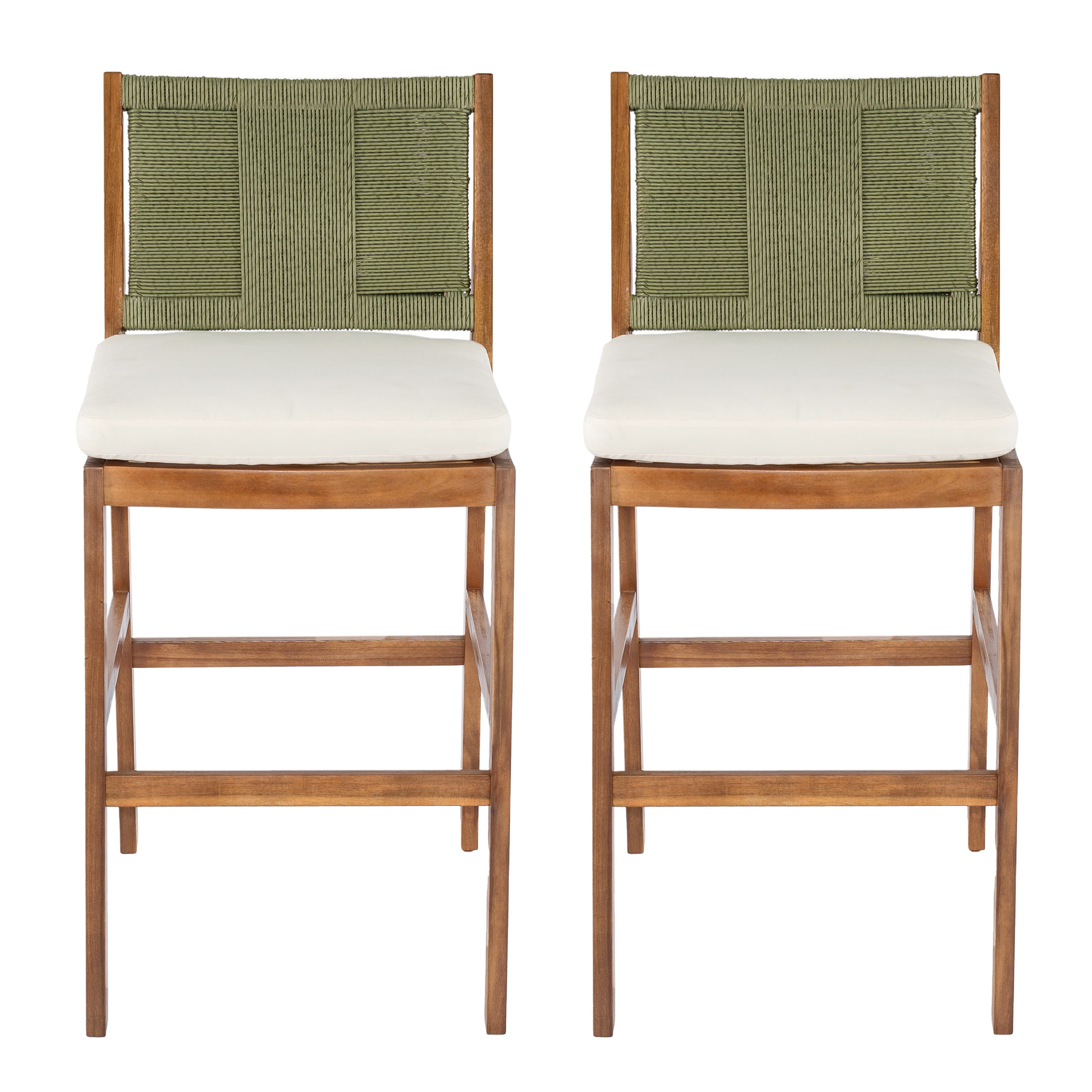Bar Stools Set of 2, Outdoor Acacia Wood Teak Finish Bar Height Chairs with Cream Cushion, Teak