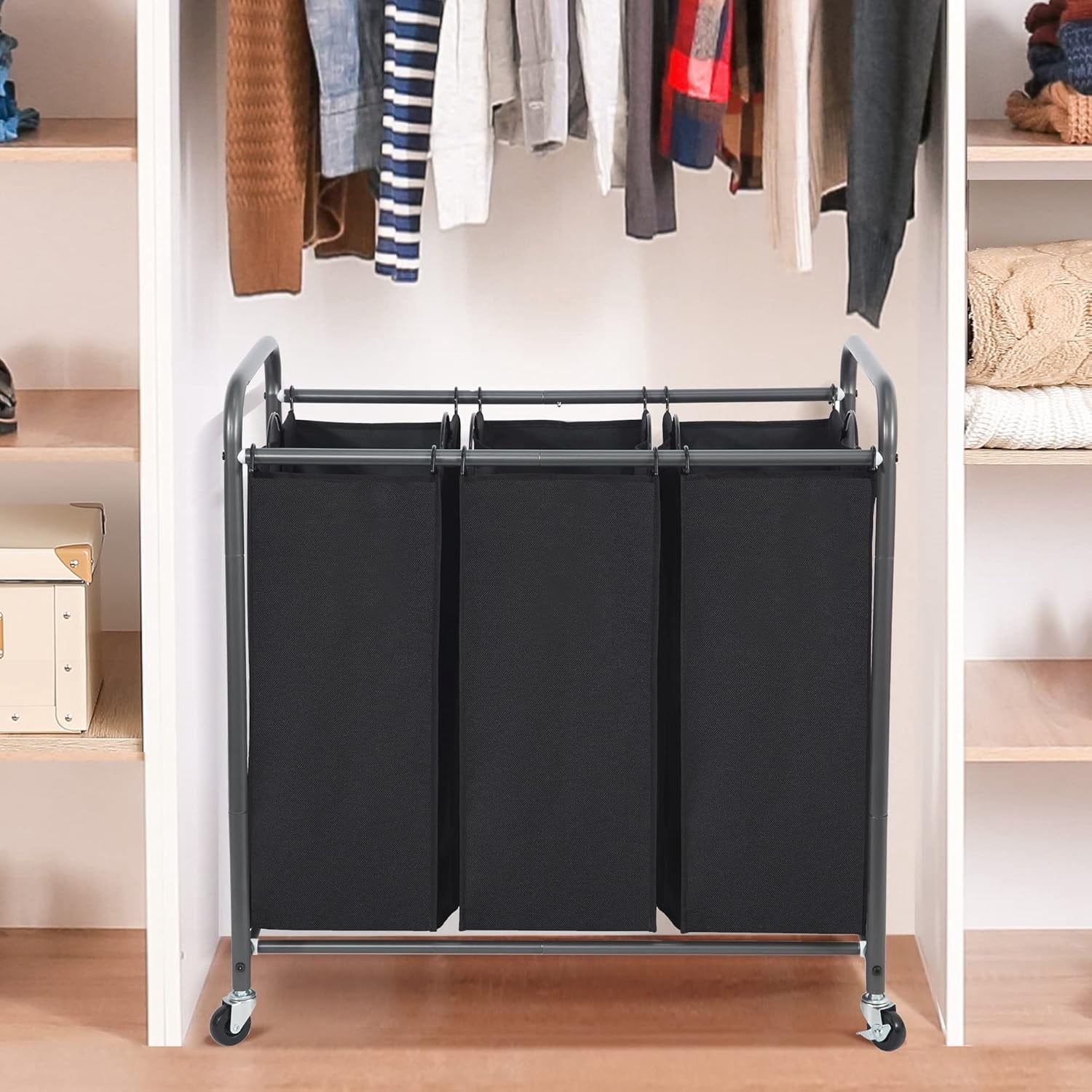 Laundry Sorter 3 Section, 3 Bag Laundry Hamper, Rolling Laundry Cart, Laundry Basket with Heavy Duty Lockable Wheels and Removable Bag for Clothes Storage, Black