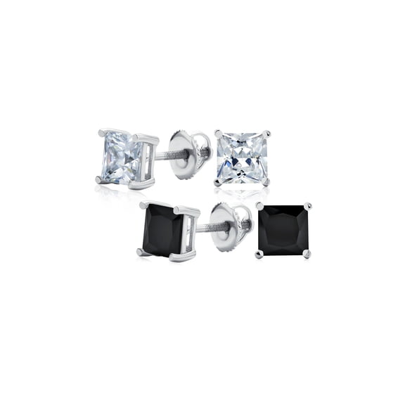 Bling Jewelry Mens Classic Set of 2 Multi Color Square CZ Cubic Zirconia Stud Earrings Silver Black Plated Screwback Posts