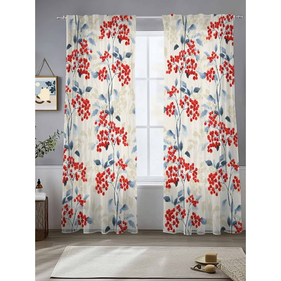 Red Flowers Sheer Curtains for Living Room Bedroom Country Spring Botanical Floral Leaves Herbs Sheer Curtains 84 Inch Long 2 Panels Set Light Filtering Curtain Window Treatments Drapes
