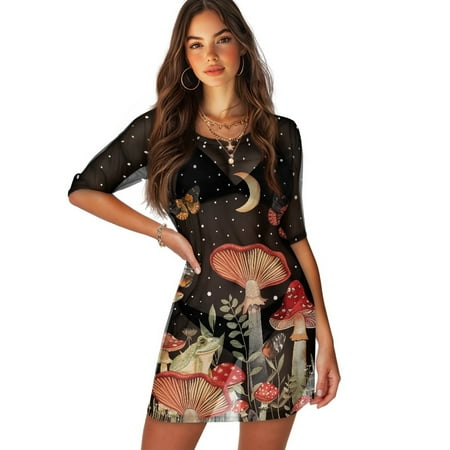FKELYI Vintage Mushroom Frog Moon Star Print Women Cover Ups for Summer Round Neck Cover-Up Breathable Beachwear Flowy Swim Bikini Cover Up Half Sleeve Resort Wear for Females  S