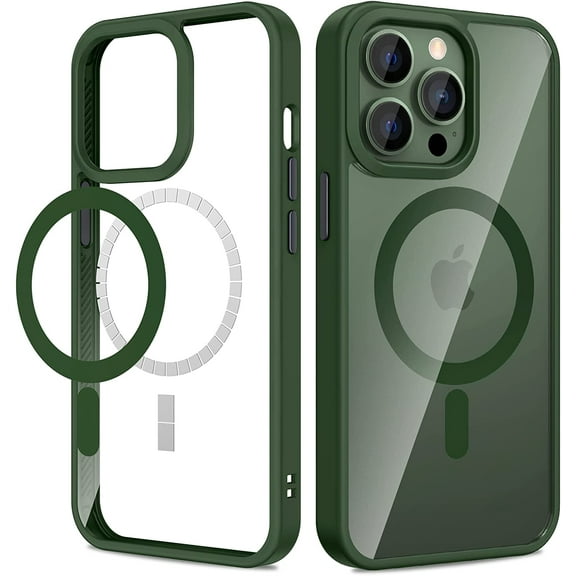 for iPhone 13 Pro Magnetic Case, Built in Magnets, Clear Hard PC Back Cover Soft TPU Frame Shockproof Protective Slim Bumper Transparent Case for iPhone 13 Pro 6.1" -Alpine Green