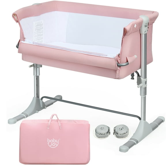 Costway Baby Playard Bassinet Bed Side Crib Infant Sleeper Breathable Mesh with Carrying Bag Pink