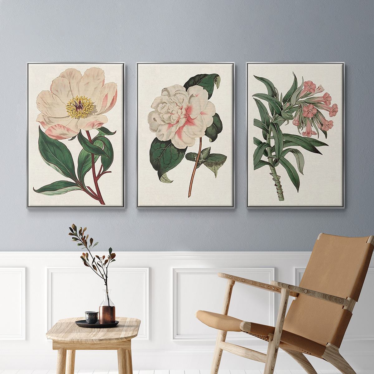 Pink Floral Mix VI - Framed Premium Gallery Wrapped Canvas L Frame 3 Piece Set - Ready to Hang