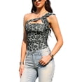thumbnail image 4 of INSPIRE CHIC One Shoulder Bodysuits Top for Women Leopard Print Mesh Ruched Going Out Leotard Tank Top XS Gray, 4 of 6