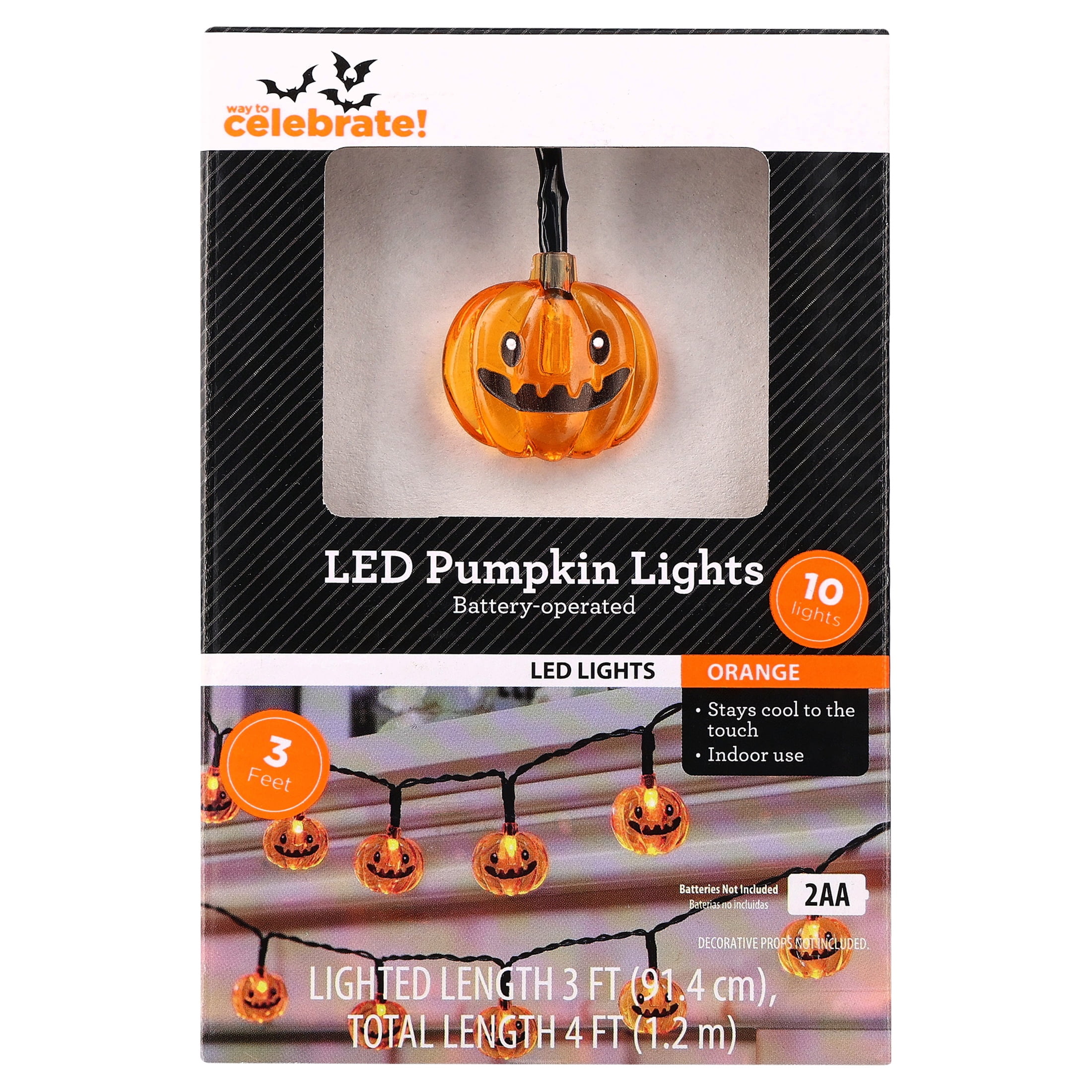 Indoor 10-Count Battery-Operated LED Pumpkin String Lights, Orange, 3', Halloween by Way To Celebrate