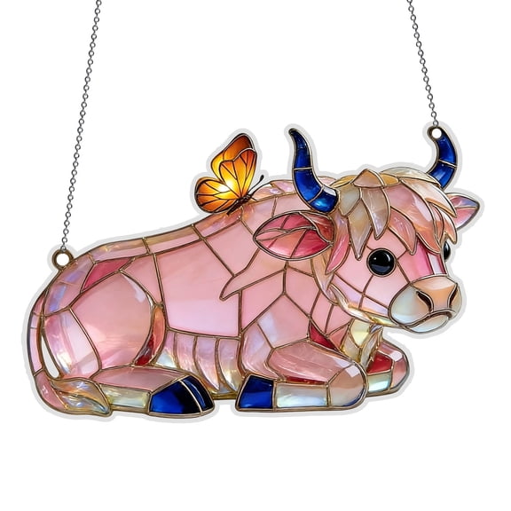 Zjdatm Highland Cow Acrylic Suncatcher 2D Stained Glass Cattle Window Hanging Ornament Cute Cows Sun Catcher for Indoor Outdoor Party Home Decor