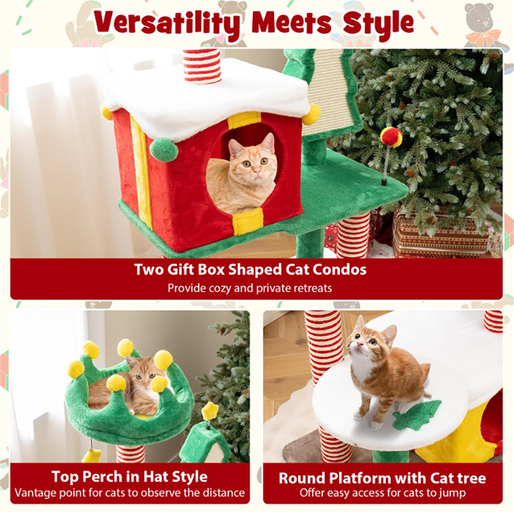 Kadyn 61" Cute Christmas Cat Tree for Indoor Cats with Scratching Posts and Carpet, Multi-Level Cat Tower with Gift Box-shaped Cat Condos, Multicolor