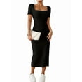 thumbnail image 3 of Women 2025 Summer Ribbed Short Sleeve Bodycon Maxi Dress Side Slit Knit Square Neck Long Sundress, 3 of 8