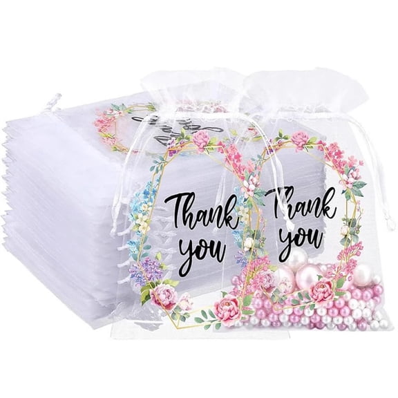 Duslogis 50Pcs Thank You Sheer Organza Drawstring Bags, Thank You Organza Gift Bags, Wedding Bag Bulk, Mesh Jewelry Candy Gift Packaging with Drawstring for Parties (White)
