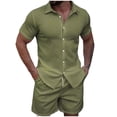 thumbnail image 2 of Sets for Men Clothing 2 Piece Solid Color Jacquard Short Sleeve Button Collar Top and Drawstring Waist Shorts, Elevated Weekend Set Green XL, 2 of 8