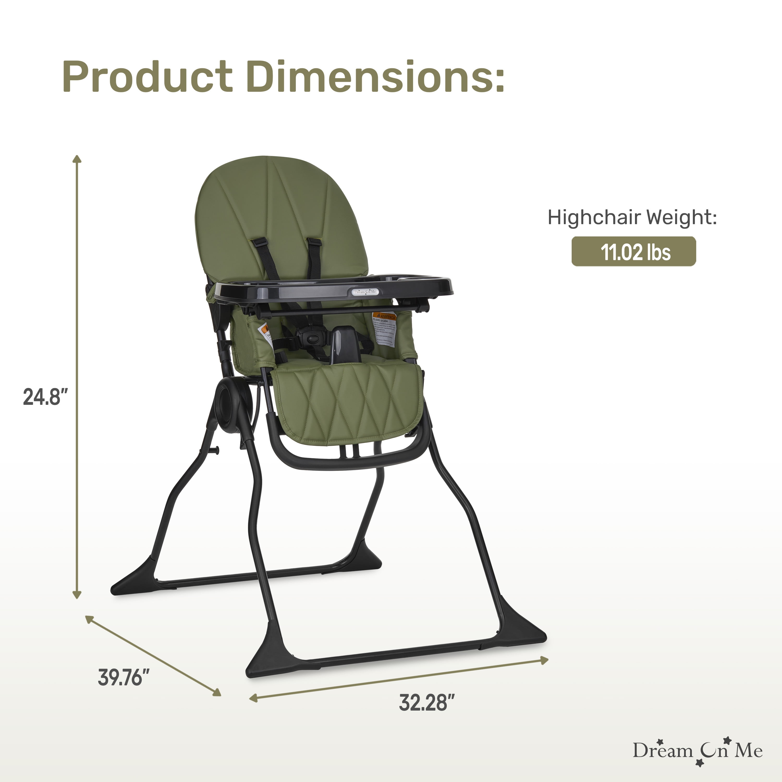 Dream On Me Snack and Stow Baby high Chair, Easy to fold and Store Travel high Chair, Removable and Three Position Adjustable Tray Portable high Chair, Olive