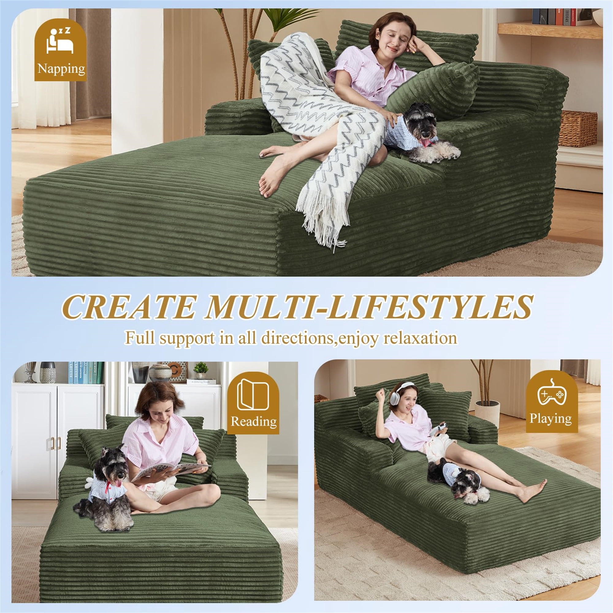 Aukfa Chaise Lounge Oversized Indoor Chair Boneless Couch for Living Room, 3Pillows, Green