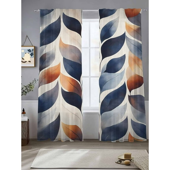 Navy Blue Burnt Orange Botanical Sheer Curtains for Living Room Bedroom Vintage Palm Leaf Sheer Curtains 96 Inch Long 2 Panels Set Light Filtering Curtain Window Treatments Drapes for Dining Room
