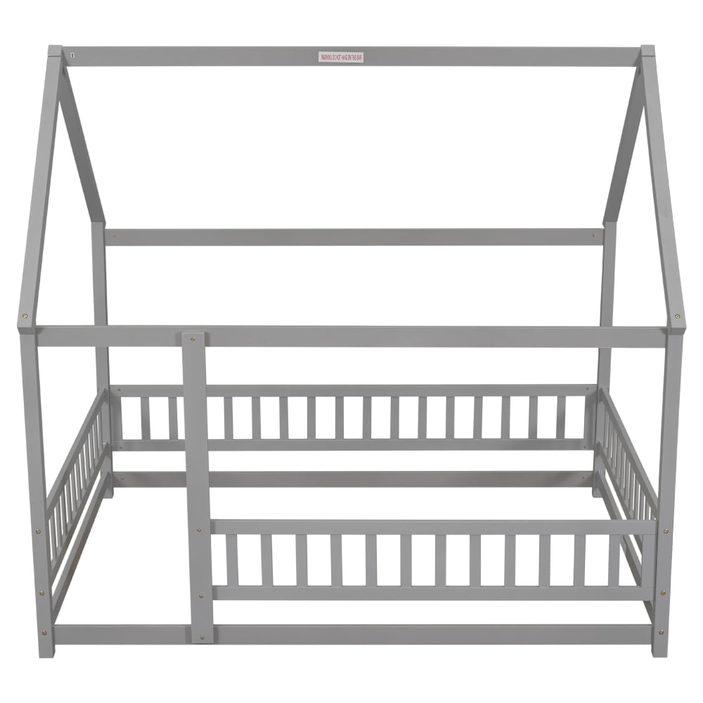 JINS and VICO Kids Girls Boys Full Montessori Pine / Plywood Floor Bed with Roof Design, Gray