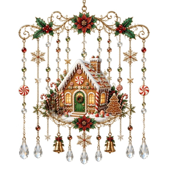 7.87in Gingerbread House Suncatcher Ornament Piece, 2D Acrylic Wind Chime Hanging Decor Display, Crystal Prism Window Accent Charm