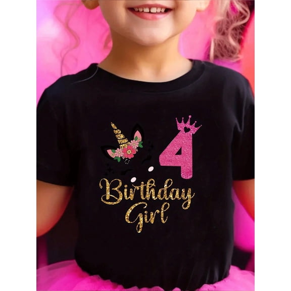 children’s wear Cute 4th Birthday Girls Shirt Glitter Unicorn Crown Toddler Graphic Tee Kids Black Cotton Top
