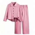 thumbnail image 2 of LEKWK Girls Formal 2 Piece Outfit Lapel Long Sleeve Button Down Pleated Top and Elastic Waist Straight Leg Pants Casual Matching Suit For Stage Performance, 2 of 6