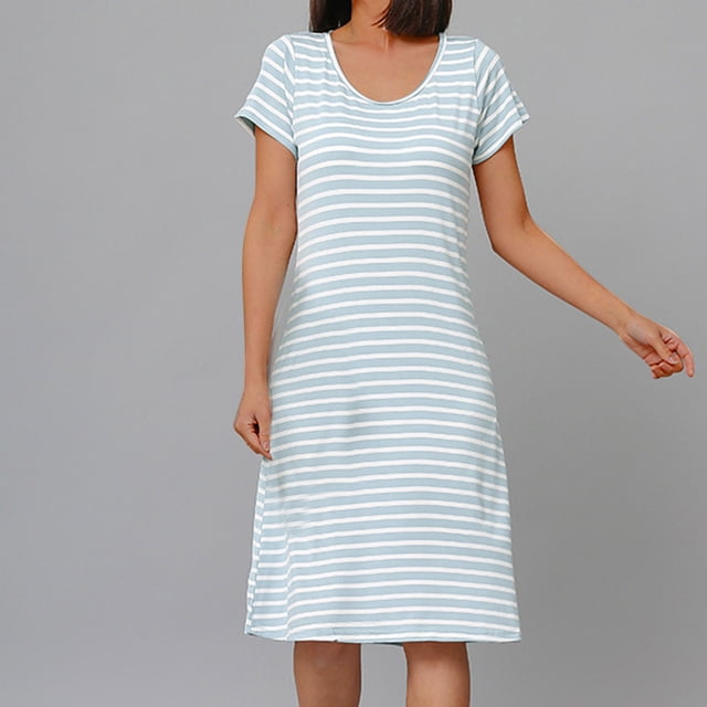 Sakmal Robe de Nuit pour Femmes Grande Taille en Coton Tenue d'Intérieur à Manches Courtes Rayée Verte Chemises de Nuit