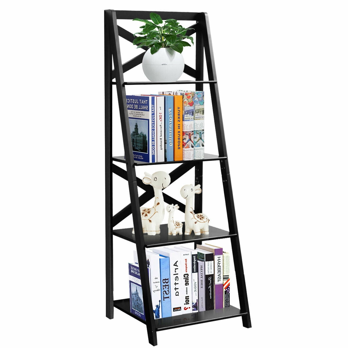 Costway 4 Tier Ladder Shelf Bookshelf, Leaning Bookcase With Drawers