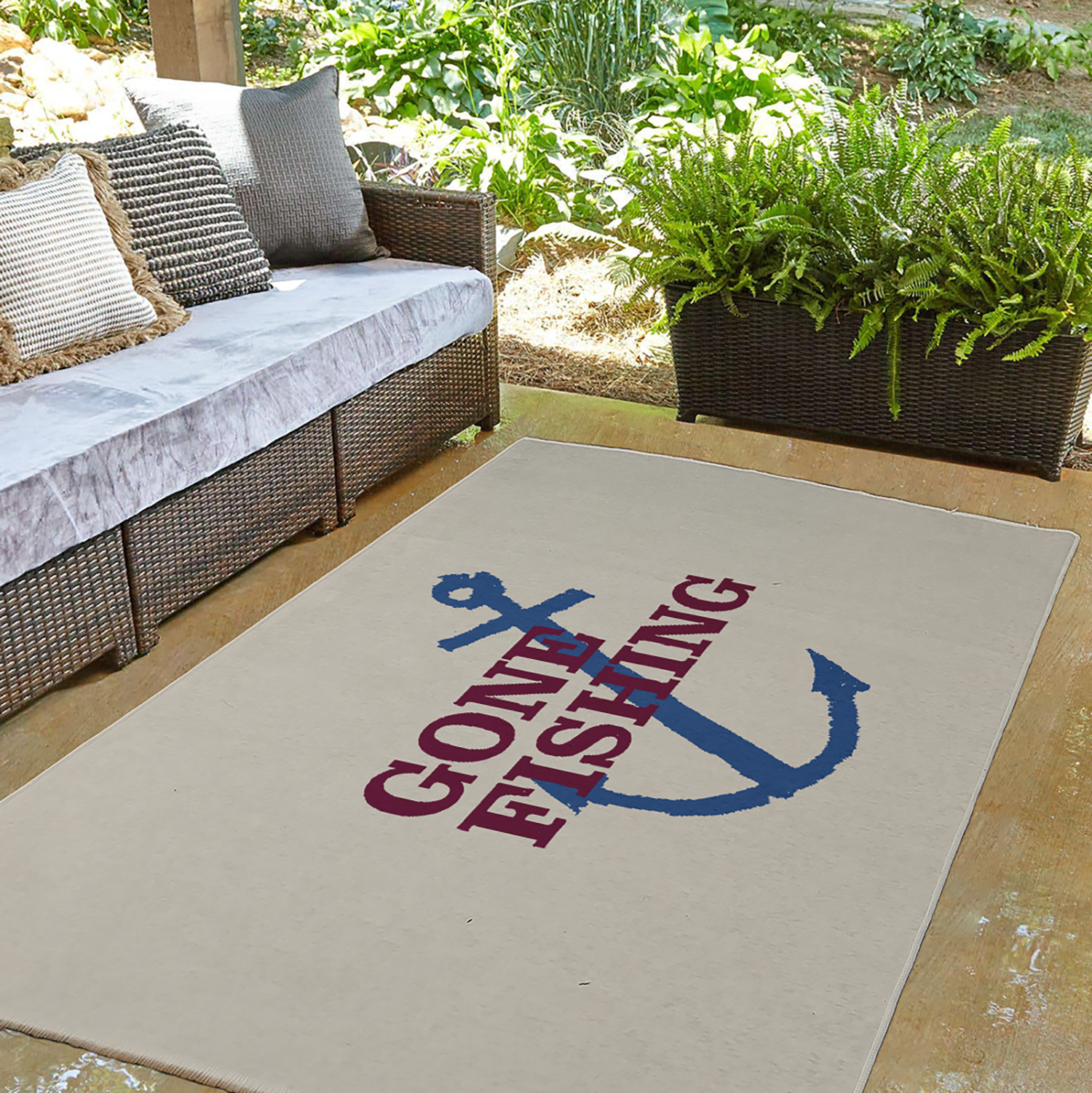 3' x 5' Simply Daisy Gone Fishing Beach Style Chenille Area Rug, Maroon Red