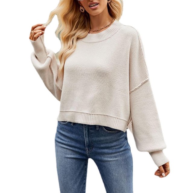 RXIRUCGD Chandail Décontracté pour Femmes Col Rond Ample Manches Longues, Blanc, Taille : S