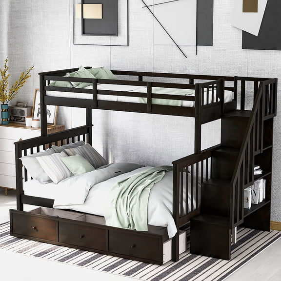 Veryke Twin-Over-Full Bunk Bed with Stairway and Storage Drawers in Espresso