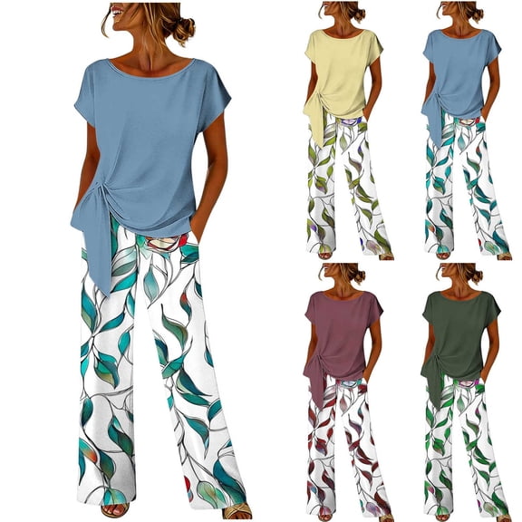 Naotn Women Two Piece Sets Summer Side Short Sleeve Knot Top Floral Print Wide Leg Pants Matching Casual Set