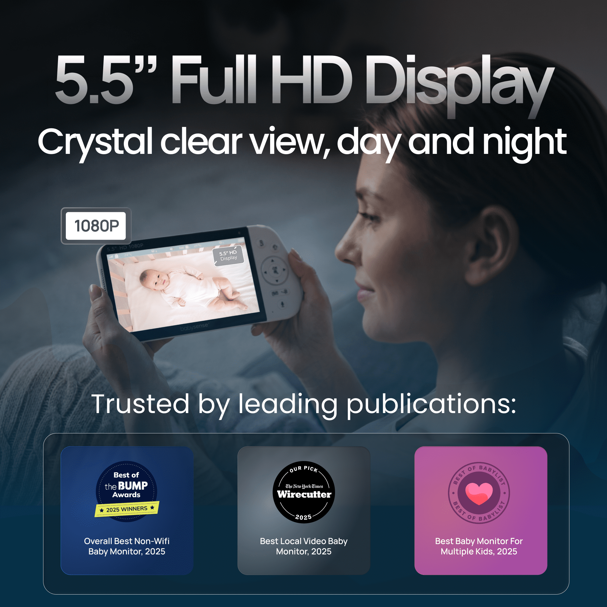 Babysense Full HD 5.5" Split Screen Baby Monitor with Camera and Audio, 6-Color Night Light, White Noise, Sound & Light Machine, 20-Hour Battery, Hack-Proof Non-WiFi Secure Connection