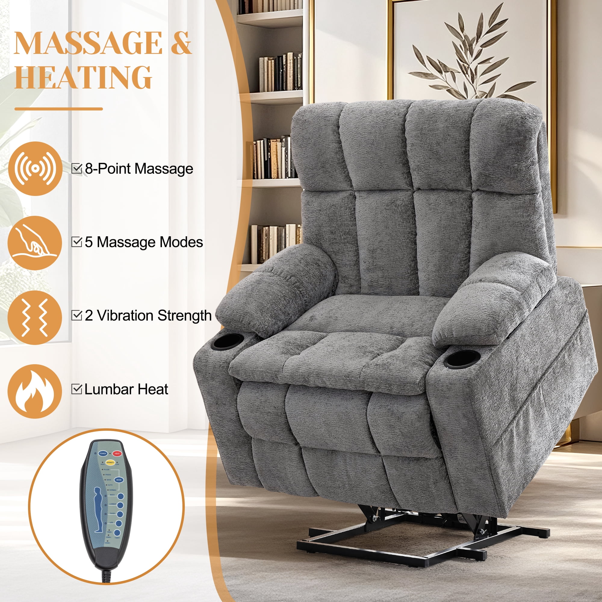 Korser Oversized Dual Motor Power Lift Recliner for Elderly with Adjustable Headrest,Massage Recliner Chair with USB Ports & Type C Electric Lift Chair with Storebox Cupholder for Living Room,Grey