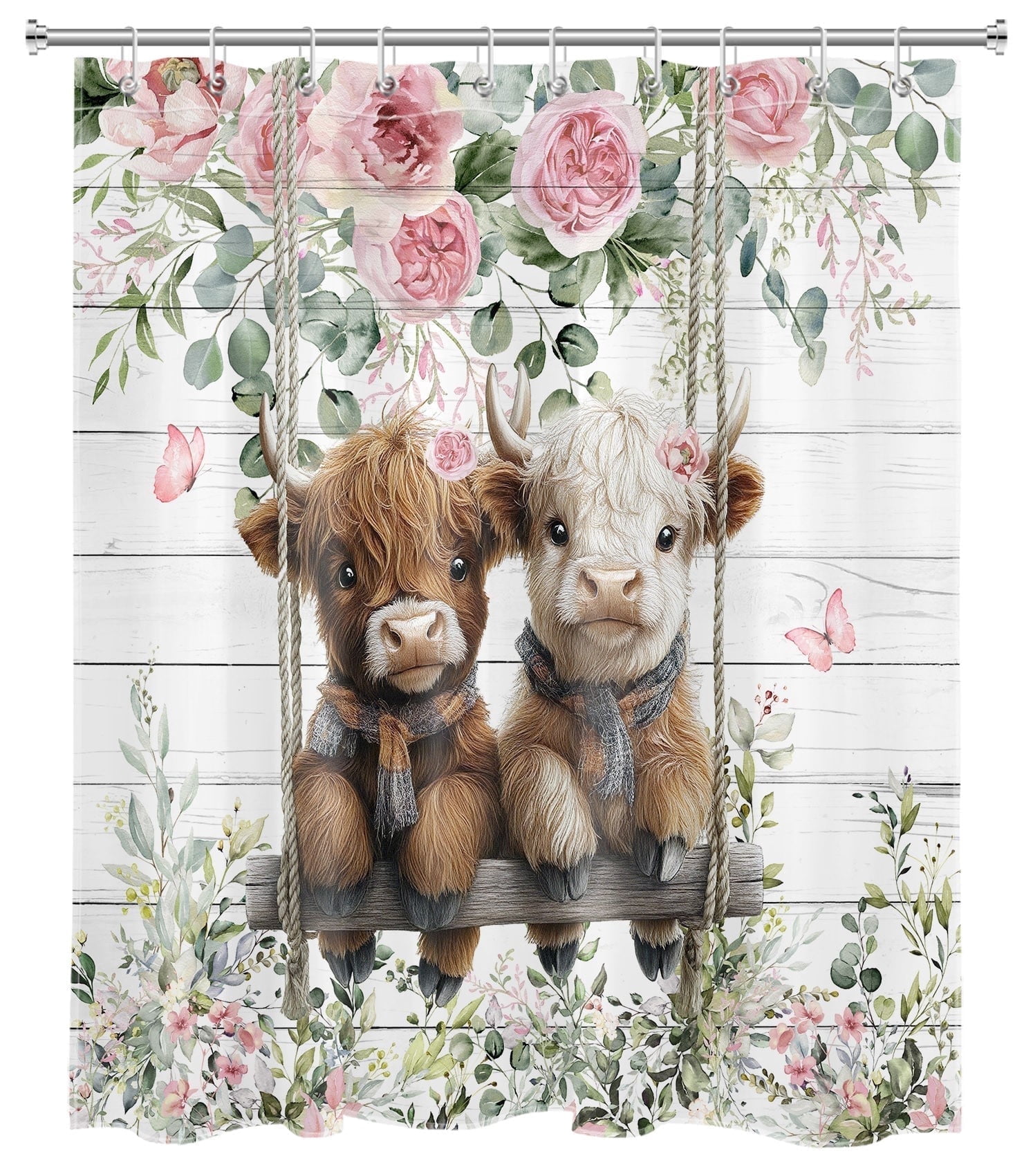 NEONWE Farmhouse Highland Cow Floral Shower Curtain, Pink Flower with Farm Cow and Eucalyptus Bathroom Curtain, 60x72 Inches
