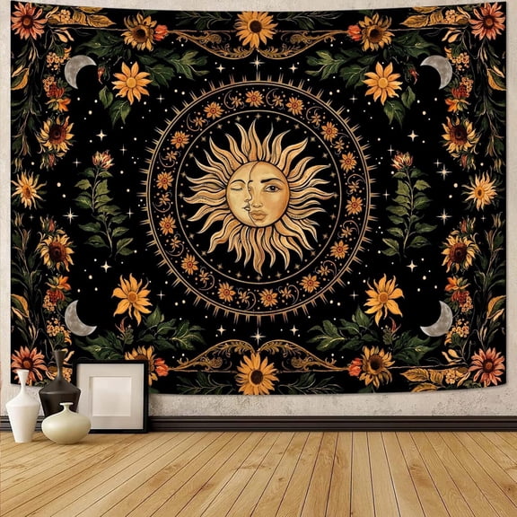 Sun and Moon Tapestry, Vintage Boho Sunflower Wall Decor, Aesthetic Tapestries for Bedroom Living Room, Mystic Floral Black Orange Art 30×40 inches